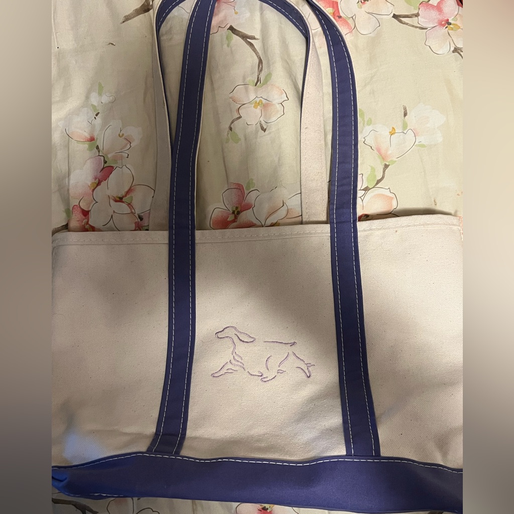 Vintage Ll Bean Tote Bag Xl Cream/Purple Canvas Dog Embroidered